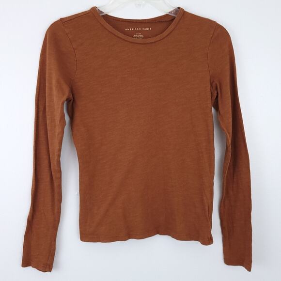 American Eagle Outfitters Tops - American Eagle Brown Long Sleeve Tee Small, Cotton Modal Blend Casual Top Comfy
